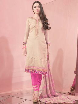 Stylee LIFESTYLE - Cream Embroidered Unstitched Dress Material (Set of 3)
