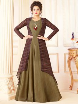 Stylee LIFESTYLE - Olive Green Embroidered Semi-Stitched Gown