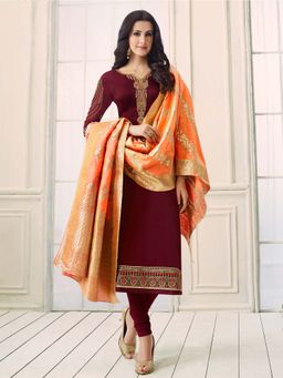 Stylee LIFESTYLE - Maroon Embroidered Semi-Stitched Dress Material (Set of 3)
