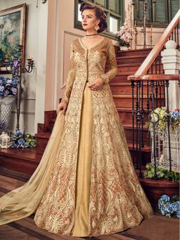 Stylee LIFESTYLE - Beige Embroidered Semi-Stitched Dress Material (Set of 3)