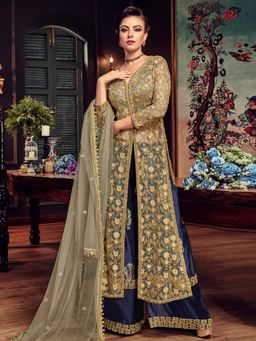 Stylee LIFESTYLE - Beige Embroidered Semi-Stitched Dress Material (Set of 3)