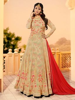 Stylee LIFESTYLE - Beige Embroidered Semi-Stitched Dress Material (Set of 3)