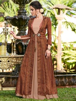 Stylee LIFESTYLE - Beige Printed Semi-Stitched Gown