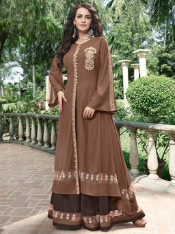 Stylee LIFESTYLE - Brown Embroidered Semi-Stitched Dress Material (Set of 2)