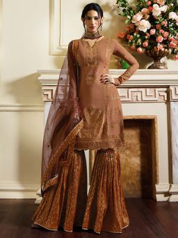 Stylee LIFESTYLE - Rust Embroidered Semi-Stitched Dress Material (Set of 3)