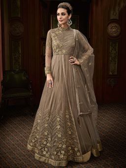 Stylee LIFESTYLE - Brown Embroidered Semi-Stitched Dress Material (Set of 3)