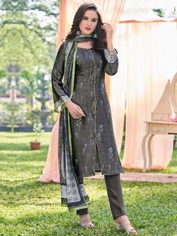 Stylee LIFESTYLE - Grey Printed Unstitched Dress Material (Set of 3)