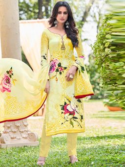 Stylee LIFESTYLE - Yellow Printed Unstitched Dress Material (Set of 3)