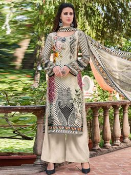 Stylee LIFESTYLE - Beige Printed Unstitched Dress Material (Set of 3)