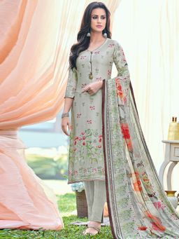 Stylee LIFESTYLE - Grey Printed Unstitched Dress Material (Set of 3)