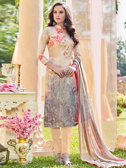 Stylee LIFESTYLE - Beige Printed Unstitched Dress Material (Set of 3)