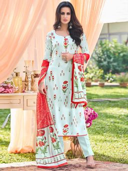 Stylee LIFESTYLE - Sky Blue Printed Unstitched Dress Material (Set of 3)