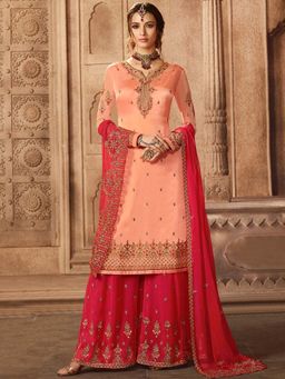 Stylee LIFESTYLE - Peach Embroidered Semi-Stitched Dress Material (Set of 3)