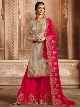 Stylee LIFESTYLE - Grey Embroidered Semi-Stitched Dress Material (Set of 3)