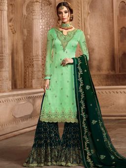 Stylee LIFESTYLE - Green Embroidered Semi-Stitched Dress Material (Set of 3)