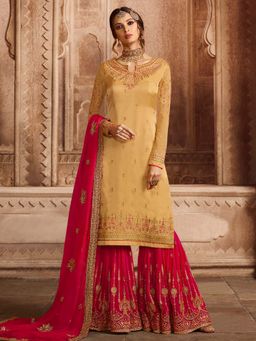 Stylee LIFESTYLE - Yellow Embroidered Semi-Stitched Dress Material (Set of 3)