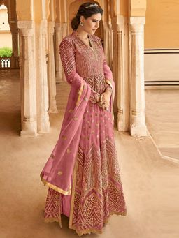 Stylee LIFESTYLE - Pink Embroidered Semi-Stitched Dress Material (Set of 3)