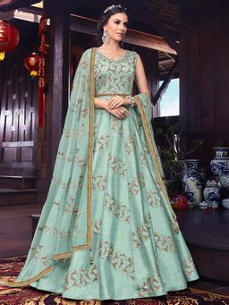 Stylee LIFESTYLE - Turquoise Embroidered Semi-Stitched Dress Material (Set of 3)