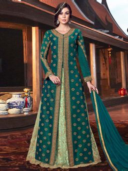 Stylee LIFESTYLE - Green Embroidered Semi-Stitched Dress Material (Set of 3)