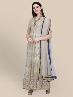 Stylee LIFESTYLE - Cream Embroidered Semi-Stitched Dress Material (Set of 3)