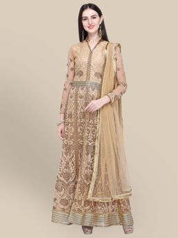 Stylee LIFESTYLE - Beige Embroidered Semi-Stitched Dress Material (Set of 3)