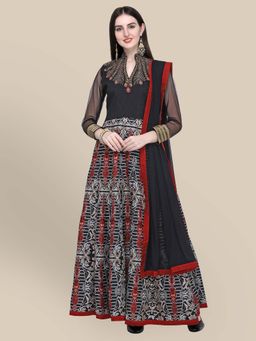 Stylee LIFESTYLE - Black Embroidered Semi-Stitched Dress Material (Set of 3)