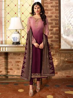 Stylee LIFESTYLE - Wine Embroidered Semi-Stitched Dress Material (Set of 3)