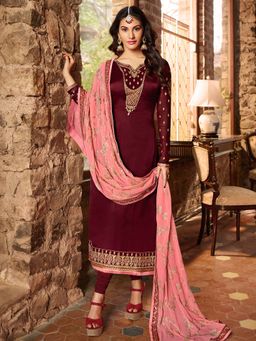 Stylee LIFESTYLE - Maroon Embroidered Semi-Stitched Dress Material (Set of 3)