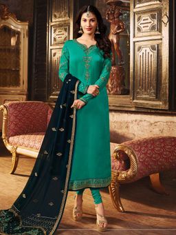 Stylee LIFESTYLE - Green Embroidered Semi-Stitched Dress Material (Set of 3)