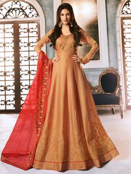 Stylee LIFESTYLE - Orange Embroidered Semi-Stitched Dress Material (Set of 3)