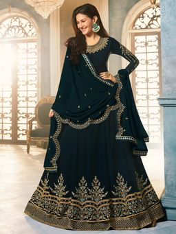 Stylee LIFESTYLE - Navy Blue Embroidered Semi-Stitched Dress Material (Set of 3)