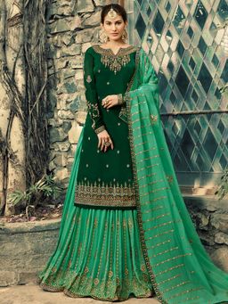 Stylee LIFESTYLE - Green Embroidered Semi-Stitched Dress Material (Set of 3)