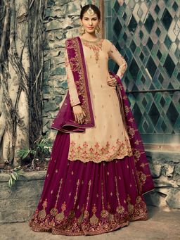 Stylee LIFESTYLE - Beige Embroidered Semi-Stitched Dress Material (Set of 3)
