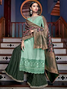 Stylee LIFESTYLE - Green Embroidered Semi-Stitched Dress Material (Set of 3)