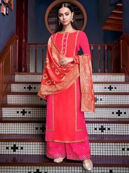 Stylee LIFESTYLE - Magenta Embroidered Semi-Stitched Dress Material (Set of 3)