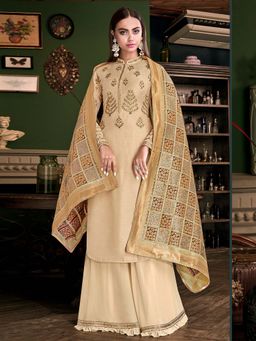 Stylee LIFESTYLE - Beige Embroidered Semi-Stitched Dress Material (Set of 3)
