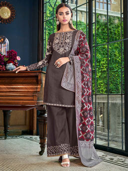 Stylee LIFESTYLE - Coffee Embroidered Semi-Stitched Dress Material (Set of 3)