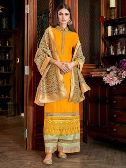 Stylee LIFESTYLE - Yellow Embroidered Semi-Stitched Dress Material (Set of 3)
