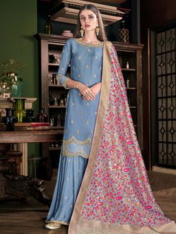 Stylee LIFESTYLE - Blue Embroidered Semi-Stitched Dress Material (Set of 3)