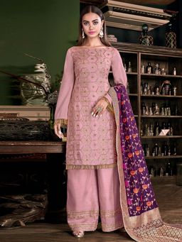 Stylee LIFESTYLE - Pink Embroidered Semi-Stitched Dress Material (Set of 3)
