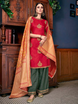 Stylee LIFESTYLE - Red Embroidered Semi-Stitched Dress Material (Set of 3)