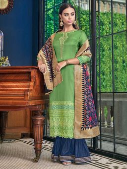Stylee LIFESTYLE - Green Embroidered Semi-Stitched Dress Material (Set of 3)