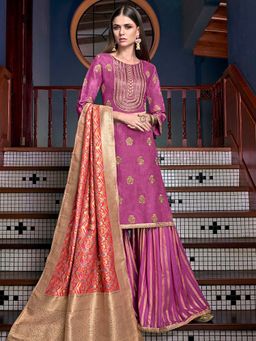 Stylee LIFESTYLE - Purple Embroidered Semi-Stitched Dress Material (Set of 3)