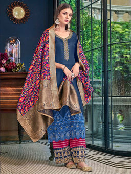 Stylee LIFESTYLE - Navy Blue Embroidered Semi-Stitched Dress Material (Set of 3)