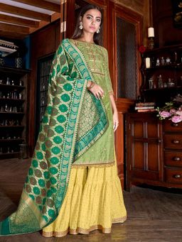 Stylee LIFESTYLE - Green Embroidered Semi-Stitched Dress Material (Set of 3)