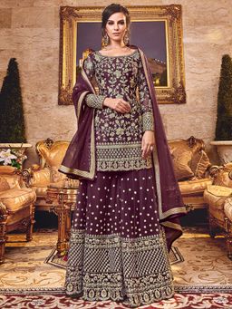 Stylee LIFESTYLE - Wine Embroidered Semi-Stitched Dress Material (Set of 3)