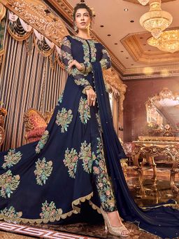 Stylee LIFESTYLE - Navy Blue Embroidered Semi-Stitched Dress Material (Set of 3)