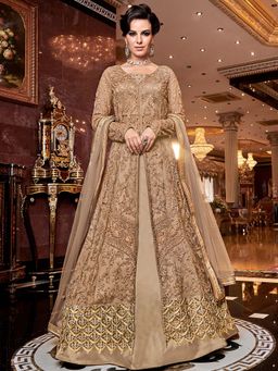 Stylee LIFESTYLE - Beige Embroidered Semi-Stitched Dress Material (Set of 3)
