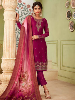 Stylee LIFESTYLE - Wine Embroidered Semi-Stitched Dress Material (Set of 3)