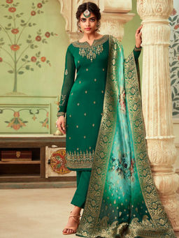 Stylee LIFESTYLE - Green Embroidered Semi-Stitched Dress Material (Set of 3)